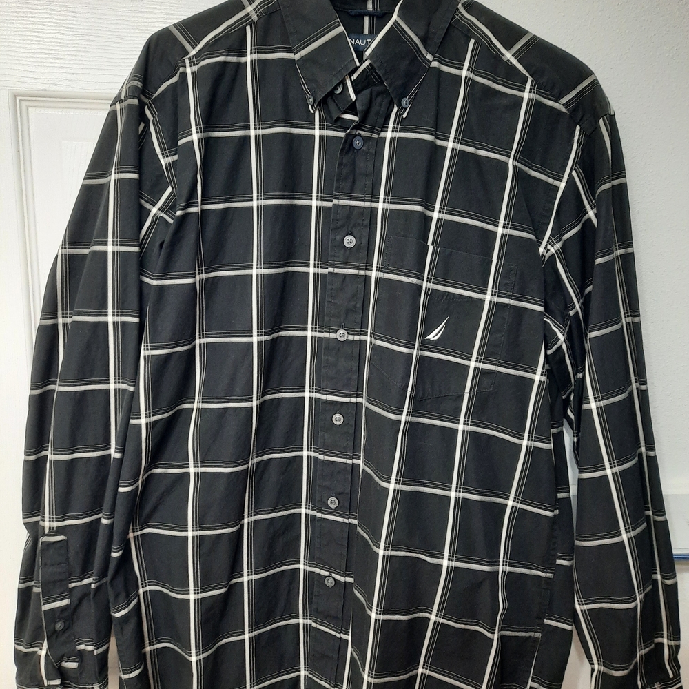 Nautica 80s Two‑Ply Cotton Black Windowpane Grid Shirt Men’s M (Fits Small)